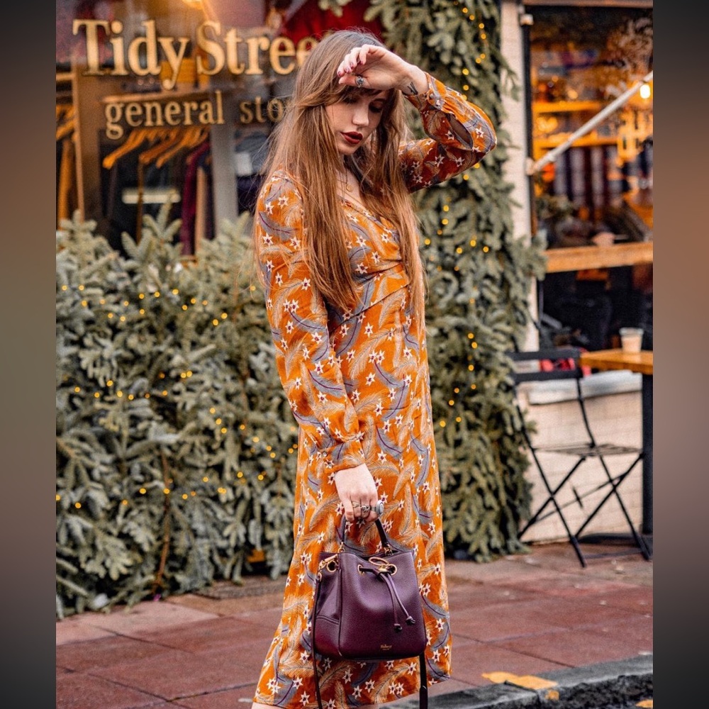 & Other Stories Burnt Orange Floral Long Sleeve Midi Dress